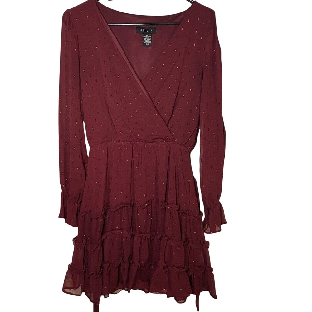 B. Darlin Women Ruffled Tiered Dress Sz 3/4 Burgundy Smocked Waist WhimsiGoth